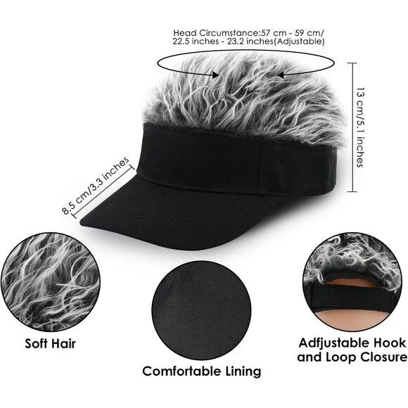 Men's Black and Grey Adjustable Visor Hat with Spiked Wigs Fake Hair Visor - Picture 3 of 6